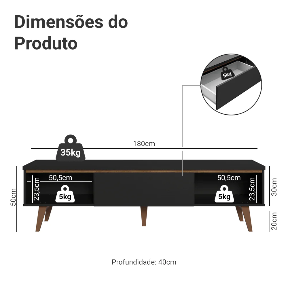 Rack para TV até 80 Polegadas 180cm 2 Portas 1 Gaveta Preto/Rustic Doha Madesa - Image 3
