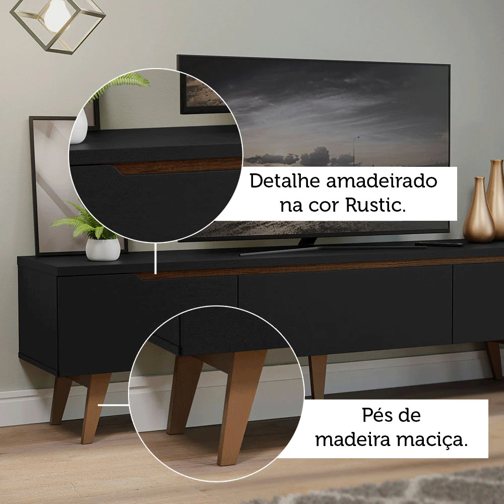 Rack para TV até 80 Polegadas 180cm 2 Portas 1 Gaveta Preto/Rustic Doha Madesa - Image 9