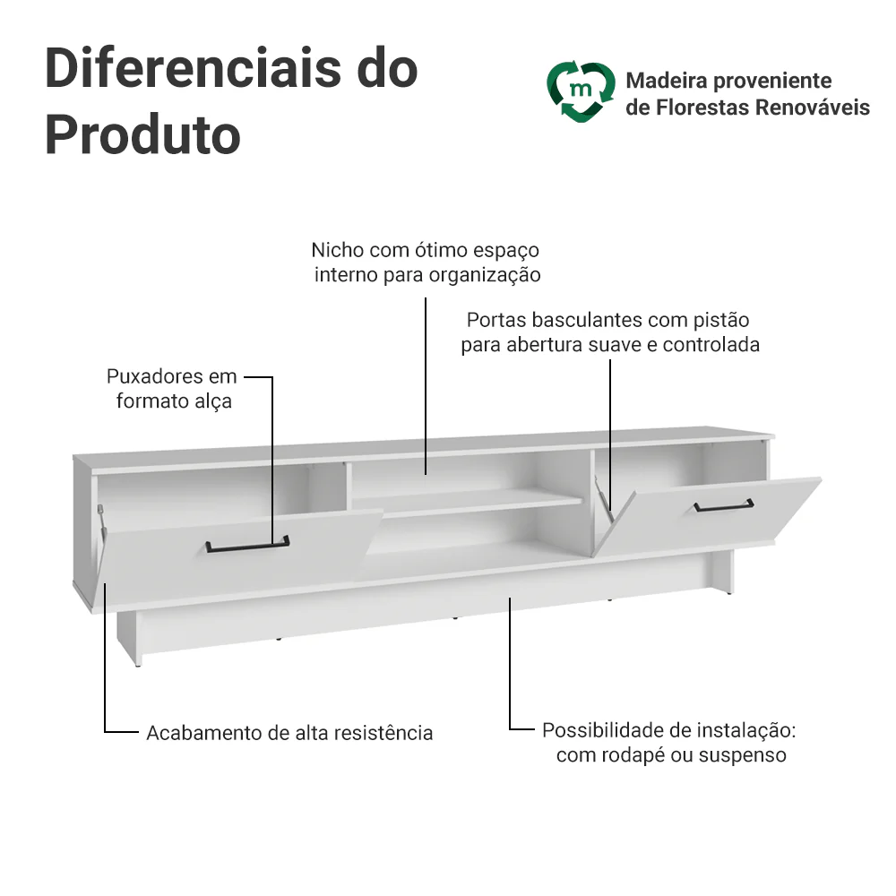 Rack para TV até 80 Polegadas 218 cm 2 Portas Branco Agata Madesa - Image 4