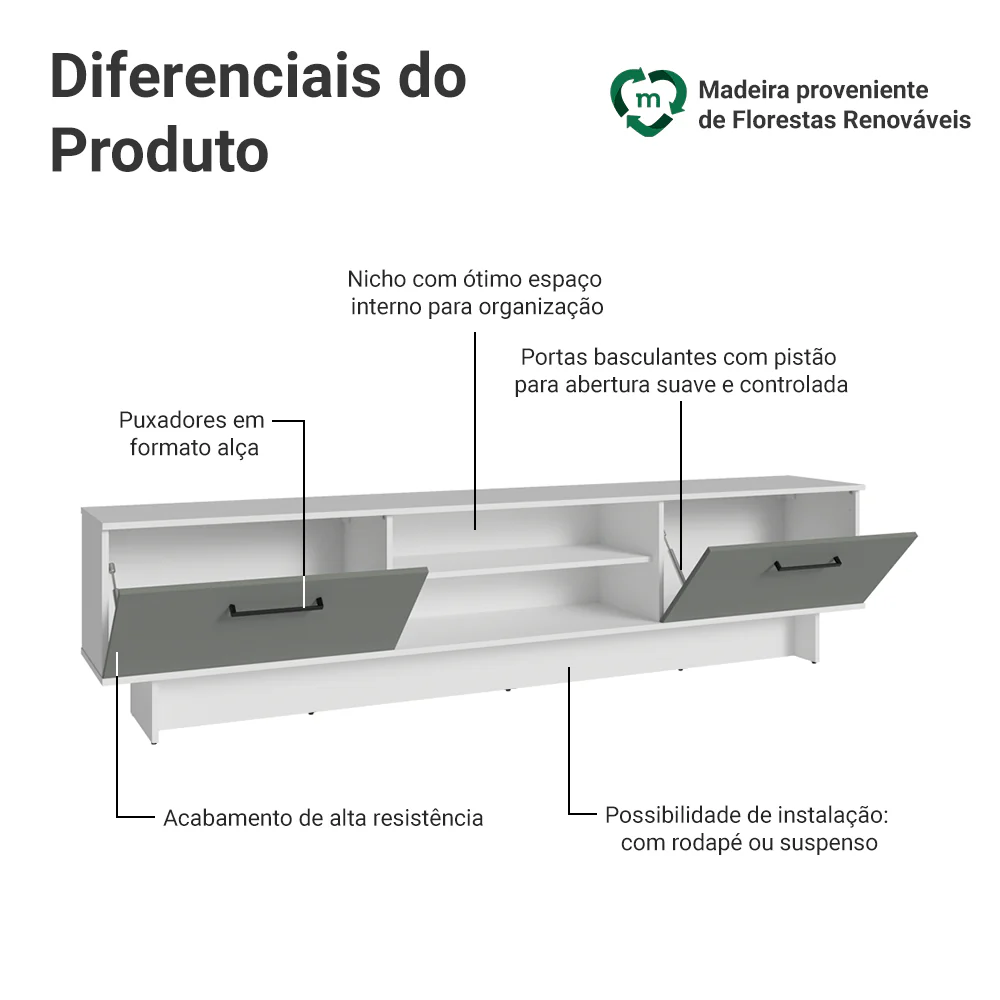 Rack para TV até 80 Polegadas 218 cm 2 Portas Branco/Cinza Agata Madesa - Image 4