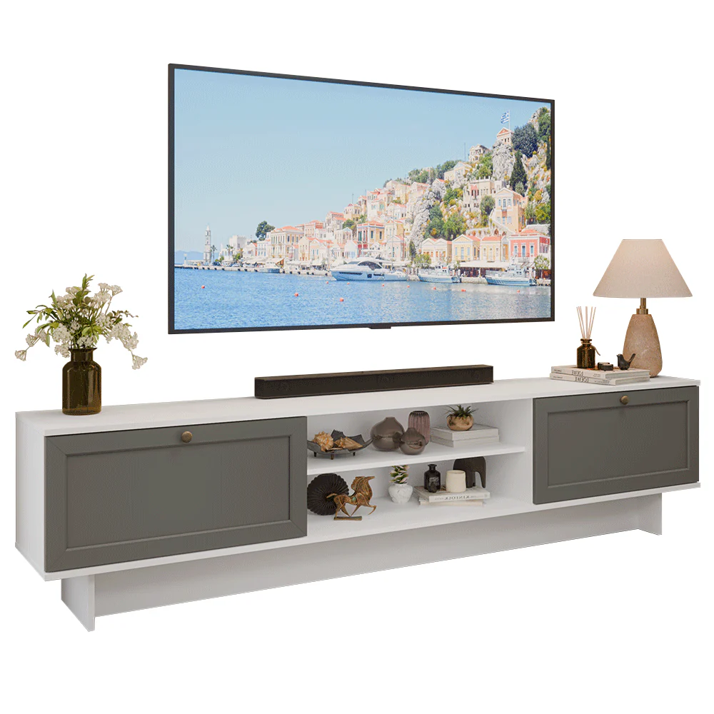 Rack para TV até 80 Polegadas 218 cm 2 Portas Branco/Cinza Vik Madesa - Image 2