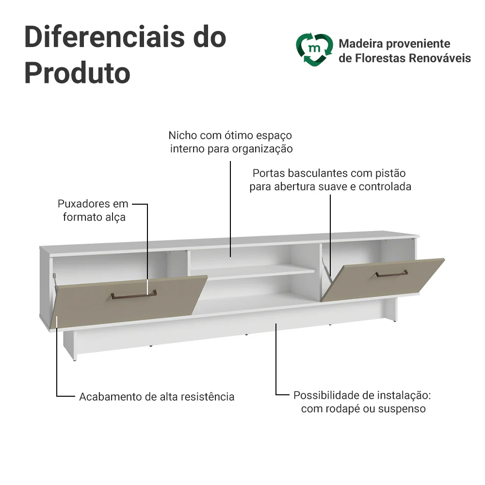 Rack para TV até 80 Polegadas 218 cm 2 Portas Branco/Crema Agata Madesa - Image 4
