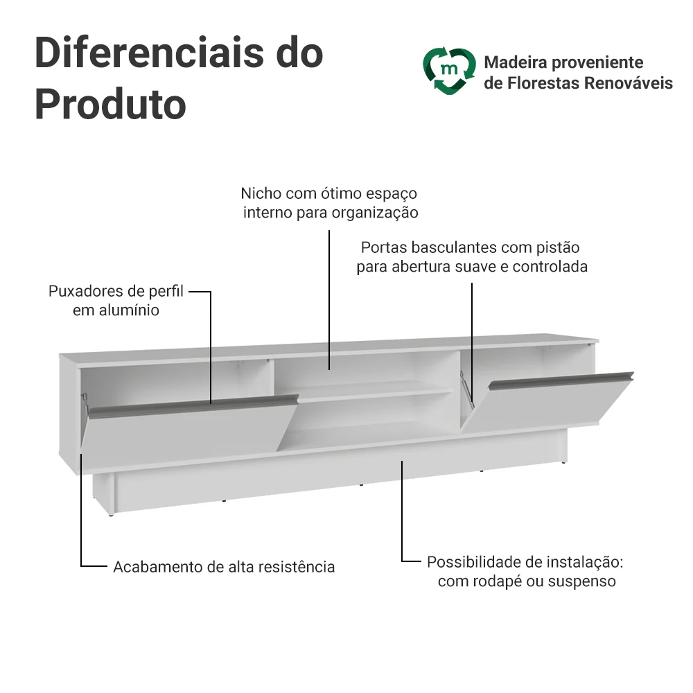 Rack para TV até 80 Polegadas 218 cm 2 Portas Branco Glamy Madesa - Image 4