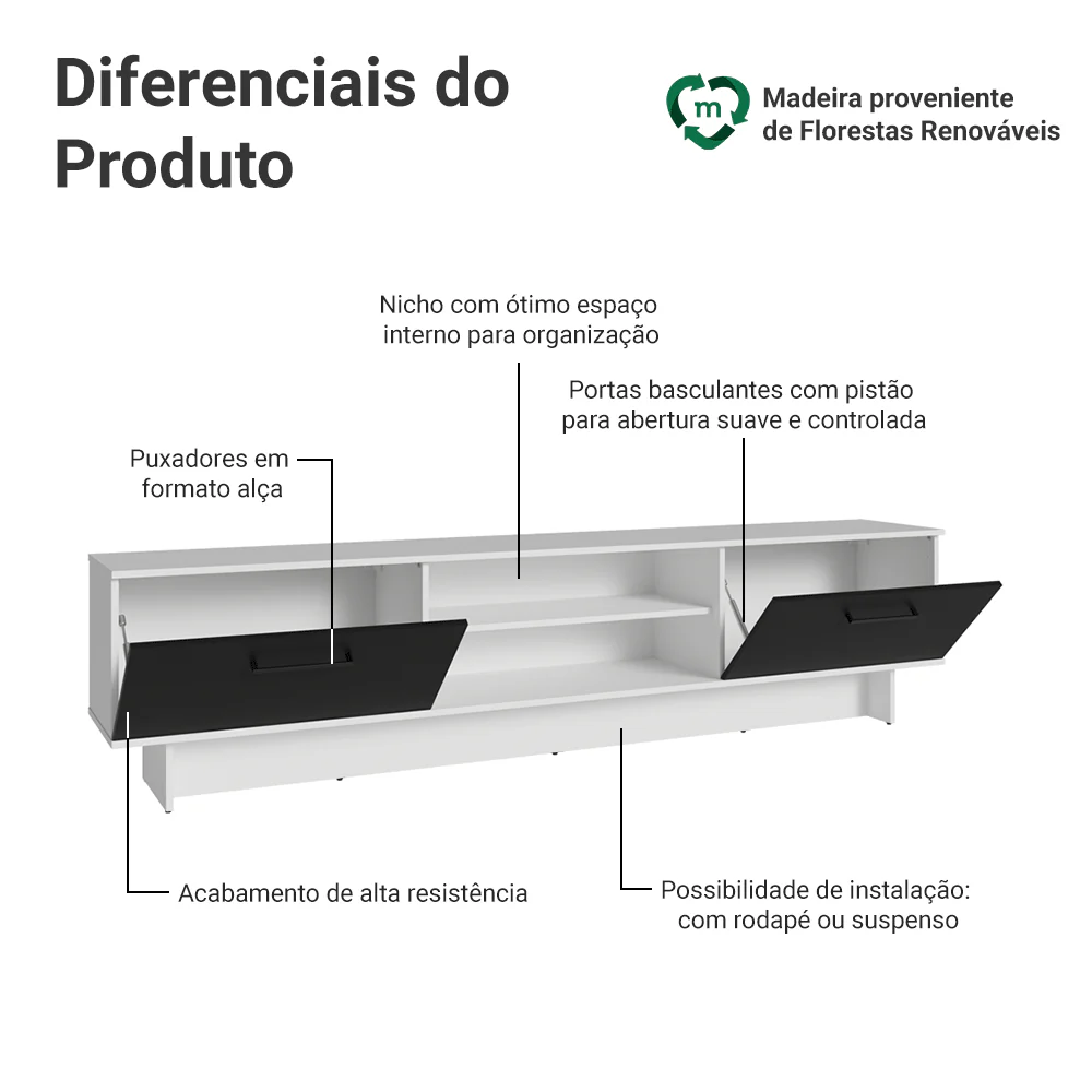 Rack para TV até 80 Polegadas 218 cm 2 Portas Branco/Preto Agata Madesa - Image 4