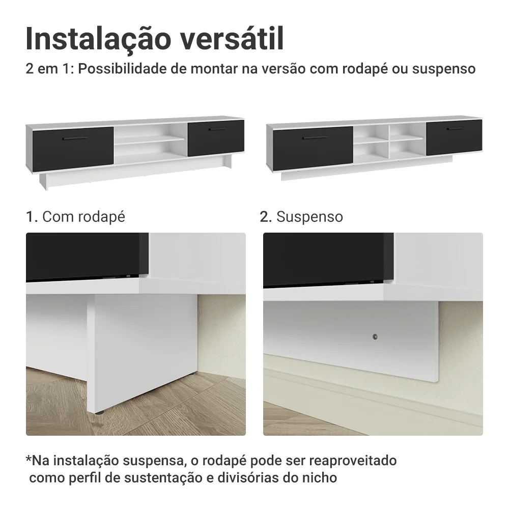 Rack para TV até 80 Polegadas 218 cm 2 Portas Branco/Preto Agata Madesa - Image 6