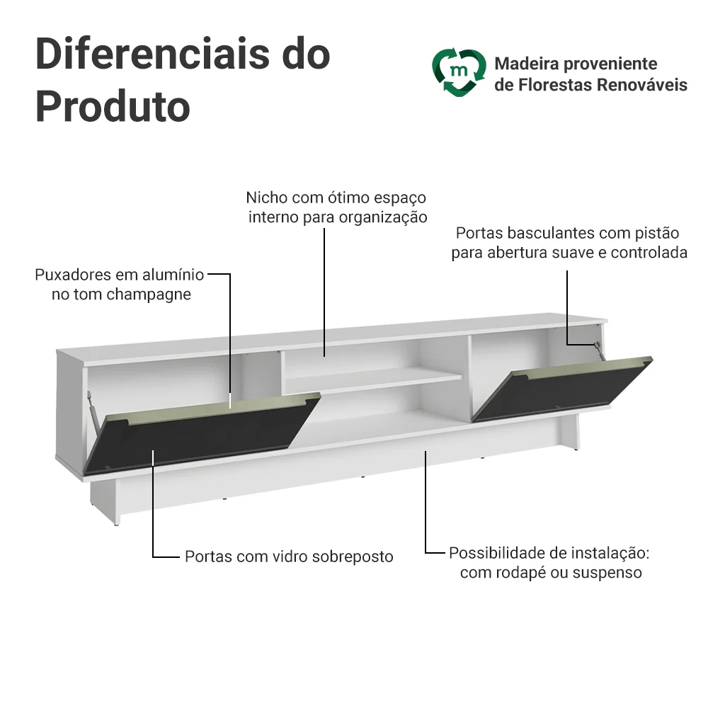 Rack para TV até 80 Polegadas 218 cm 2 Portas Branco/Preto Lux Madesa - Image 4