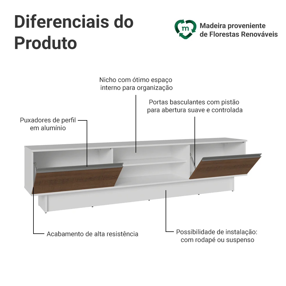 Rack para TV até 80 Polegadas 218 cm 2 Portas Branco/Rustic Glamy Madesa - Image 4