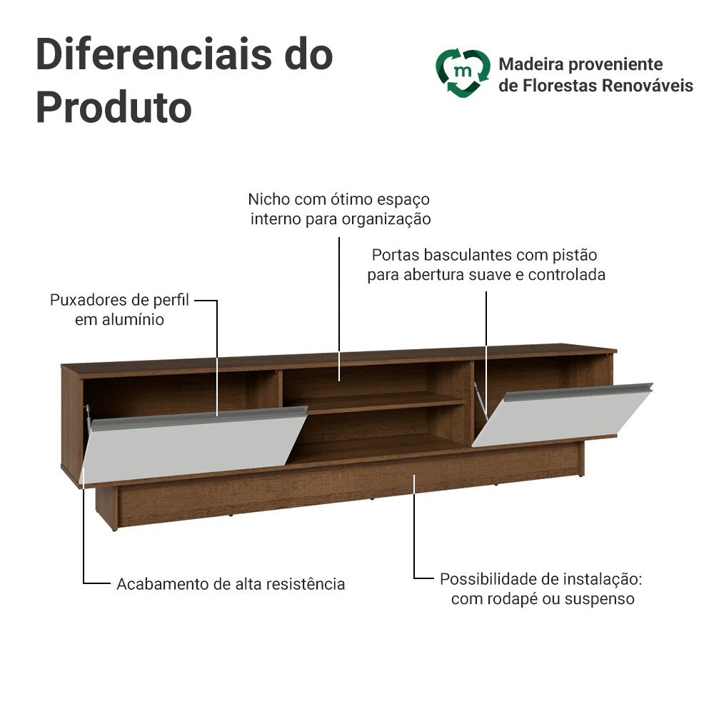 Rack para TV até 80 Polegadas 218 cm 2 Portas Rustic/Branco Glamy Madesa - Image 4