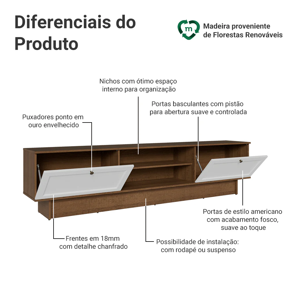 Rack para TV até 80 Polegadas 218 cm 2 Portas Rustic/Branco Vik Madesa - Image 4