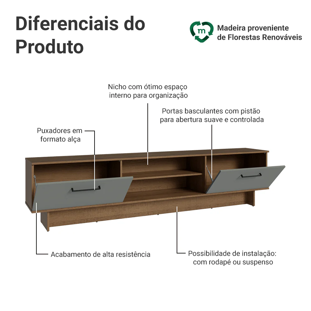 Rack para TV até 80 Polegadas 218 cm 2 Portas Rustic/Cinza Agata Madesa - Image 4