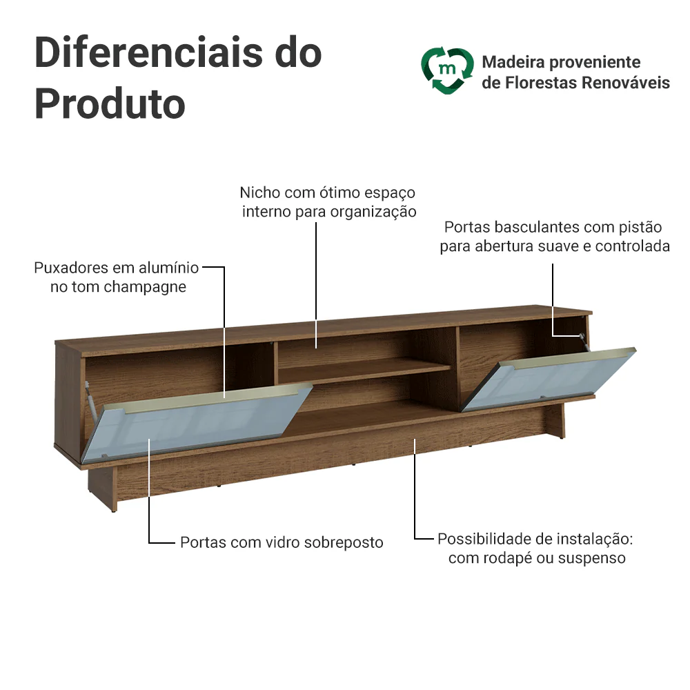 Rack para TV até 80 Polegadas 218 cm 2 Portas Rustic/Cinza Lux Madesa - Image 4
