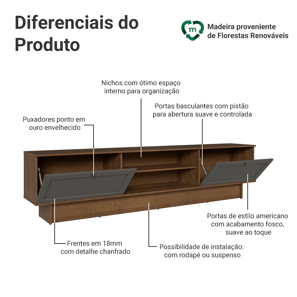 Rack para TV até 80 Polegadas 218 cm 2 Portas Rustic/Cinza Vik Madesa - Image 4