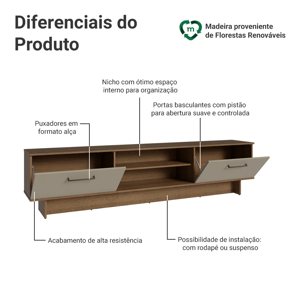 Rack para TV até 80 Polegadas 218 cm 2 Portas Rustic/Crema Agata Madesa - Image 4