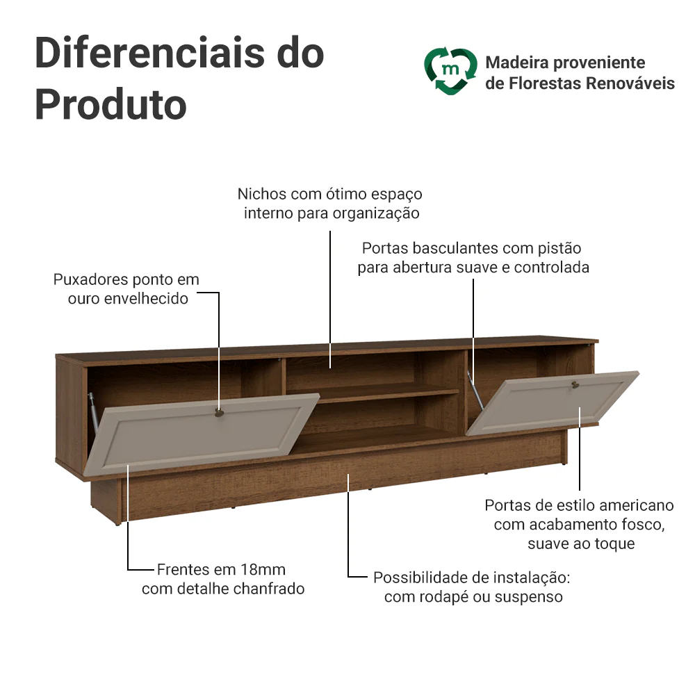 Rack para TV até 80 Polegadas 218 cm 2 Portas Rustic/Crema Vik Madesa - Image 4