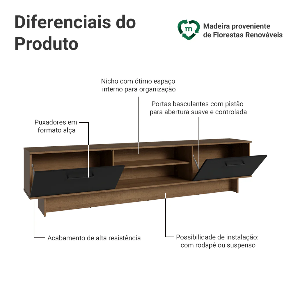 Rack para TV até 80 Polegadas 218 cm 2 Portas Rustic/Preto Agata Madesa - Image 4