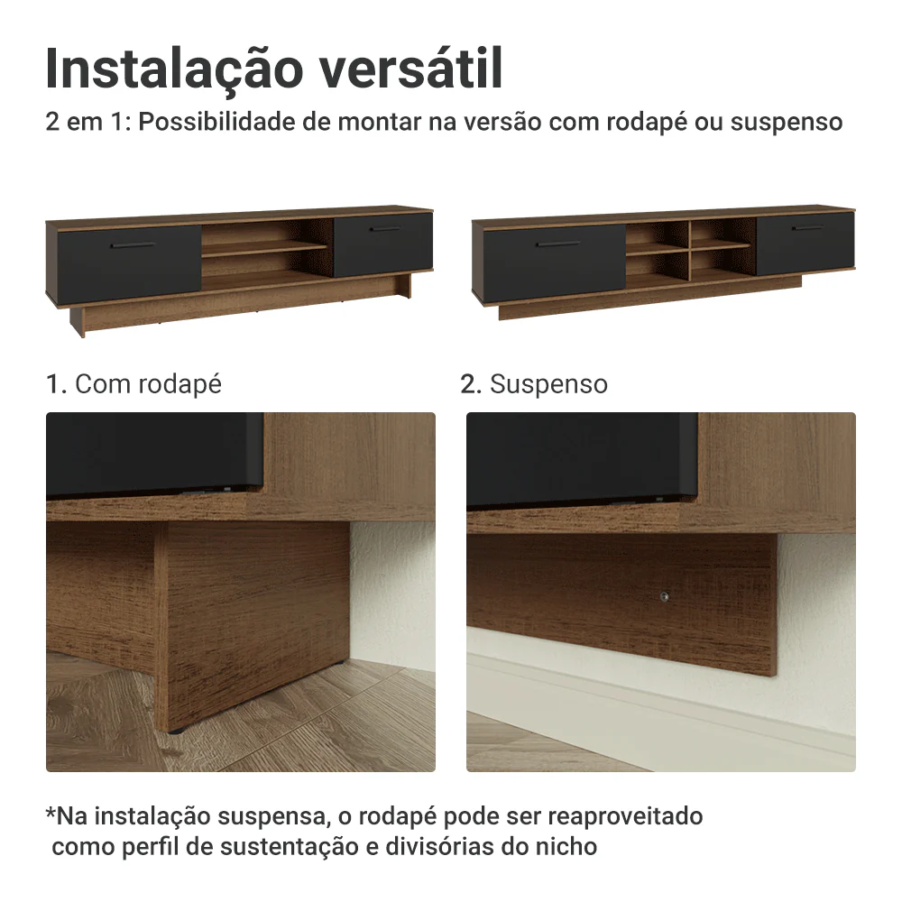 Rack para TV até 80 Polegadas 218 cm 2 Portas Rustic/Preto Agata Madesa - Image 6