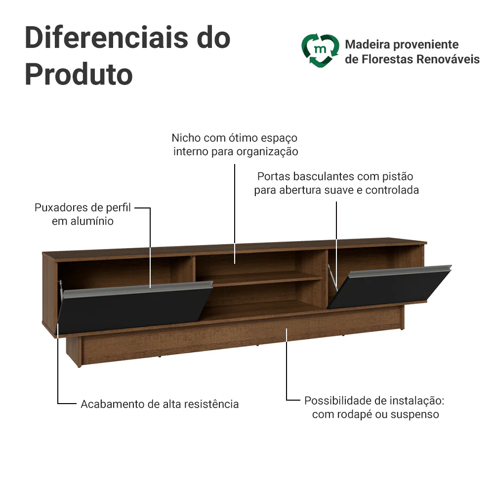 Rack para TV até 80 Polegadas 218 cm 2 Portas Rustic/Preto Glamy Madesa - Image 4
