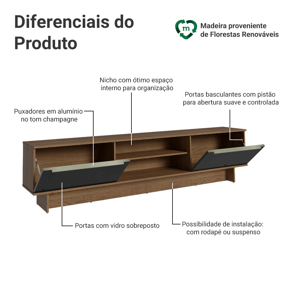 Rack para TV até 80 Polegadas 218 cm 2 Portas Rustic/Preto Lux Madesa - Image 4