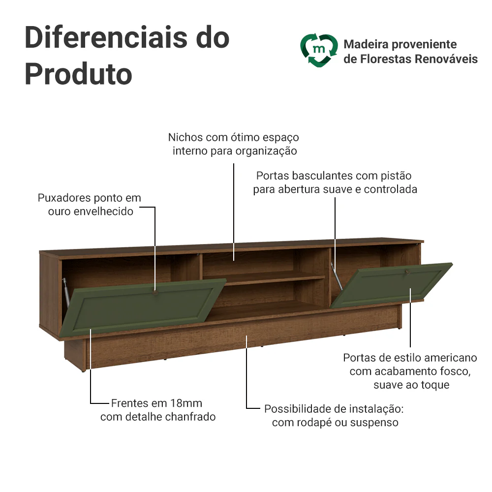 Rack para TV até 80 Polegadas 218 cm 2 Portas Rustic/Verde Vik Madesa - Image 4