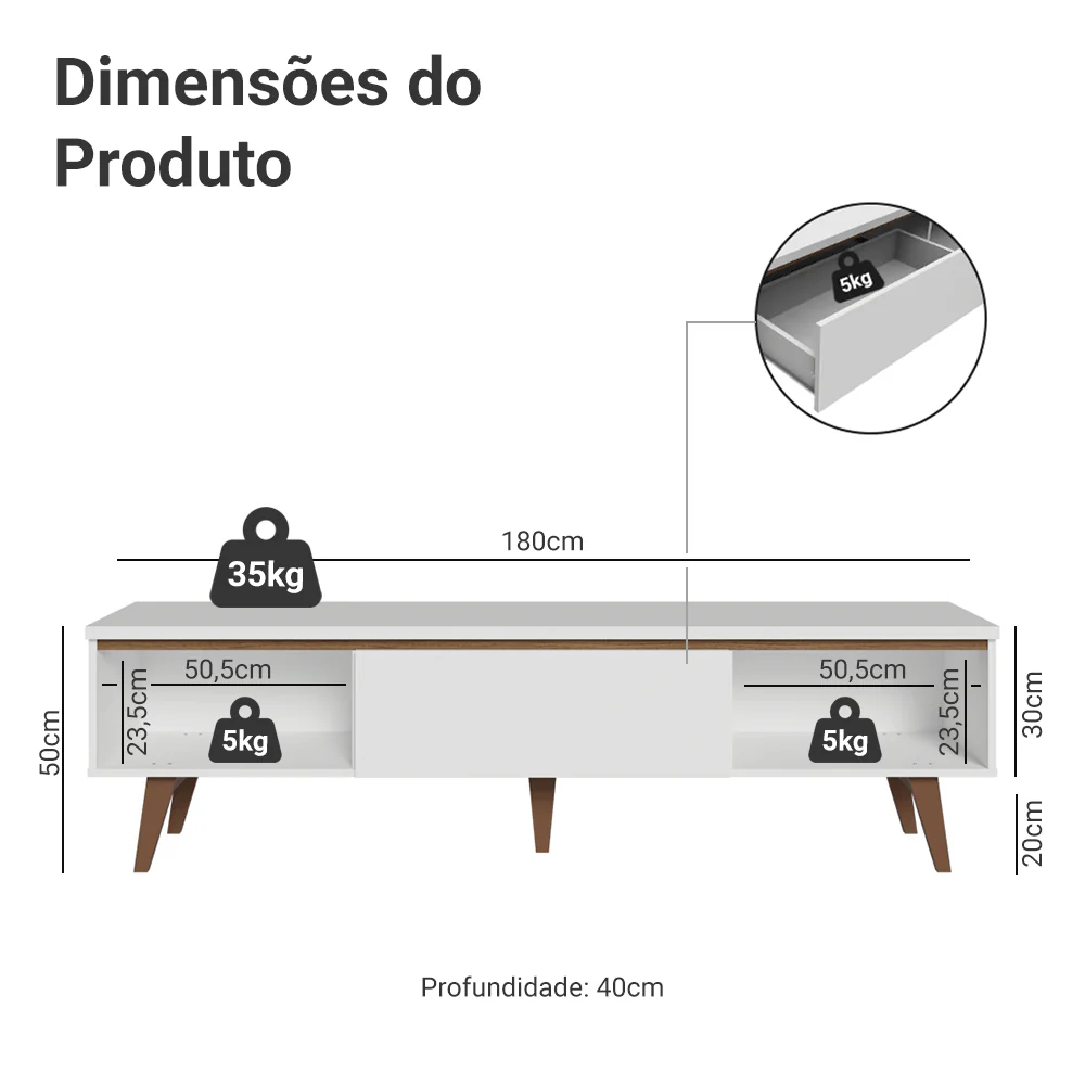 Rack para TV até 75 Polegadas 2 Portas 1 Gaveta Branco Madesa Reims - Image 3