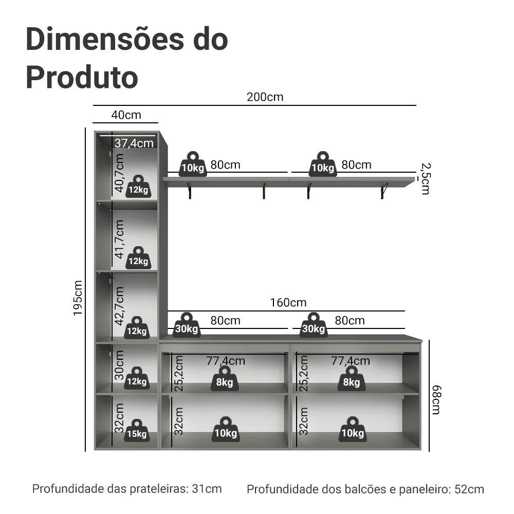 Rack Suspenso para TV até 70 Polegadas + Prateleira 200cm Cinza Nice Madesa 01 - Image 3