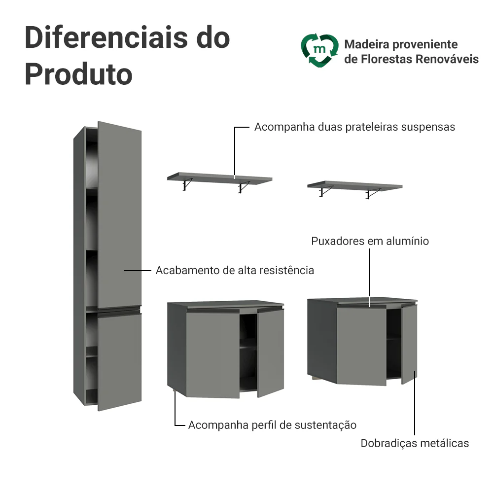 Rack Suspenso para TV até 70 Polegadas + Prateleira 200cm Cinza Nice Madesa 01 - Image 4