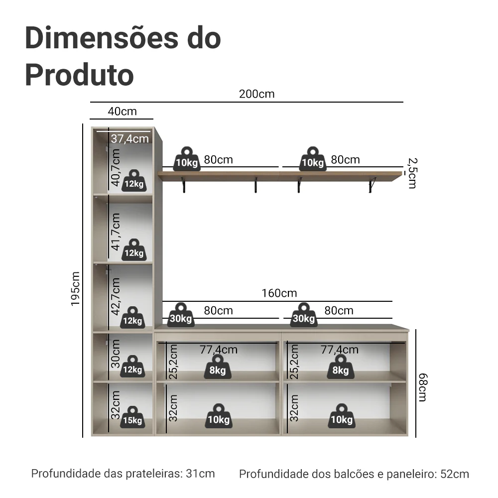 Rack Suspenso para TV até 70 Polegadas + Prateleira 200cm Crema Nice Madesa 01 - Image 3