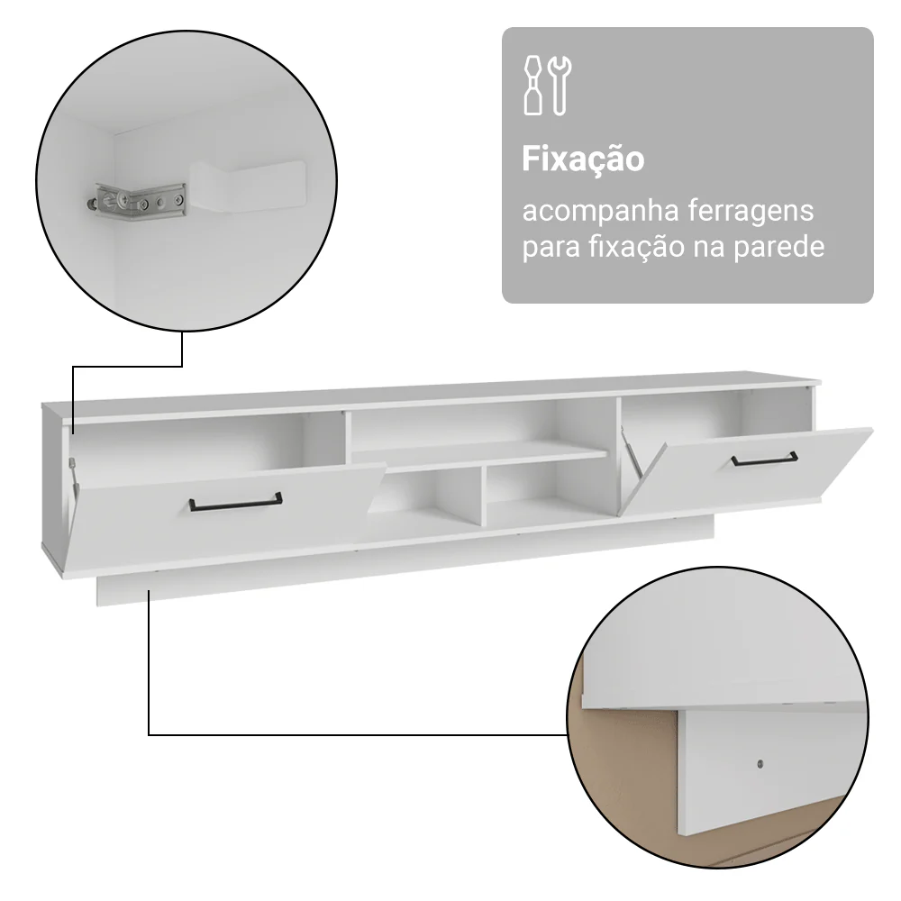 Rack Suspenso para TV até 80 Polegadas 218 cm 2 Portas Branco Agata Madesa - Image 10