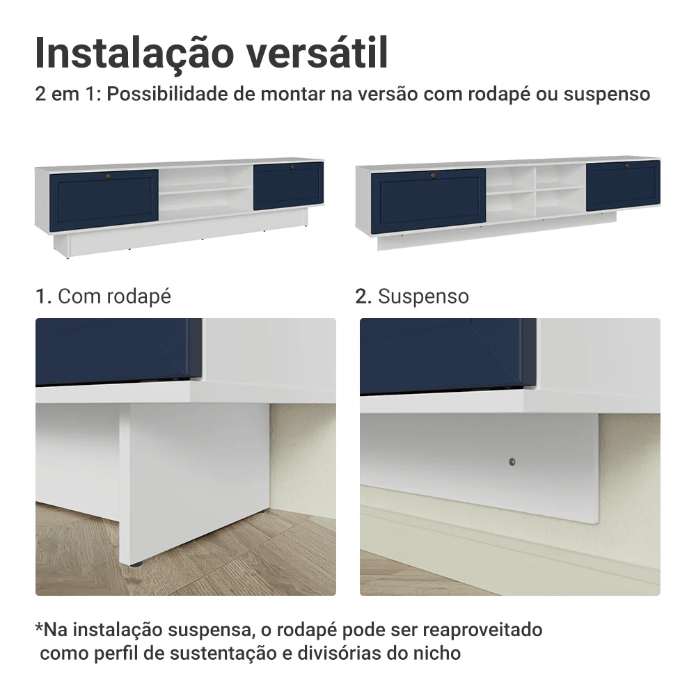 Rack Suspenso para TV até 80 Polegadas 218 cm 2 Portas Branco/Azul Vik Madesa - Image 5