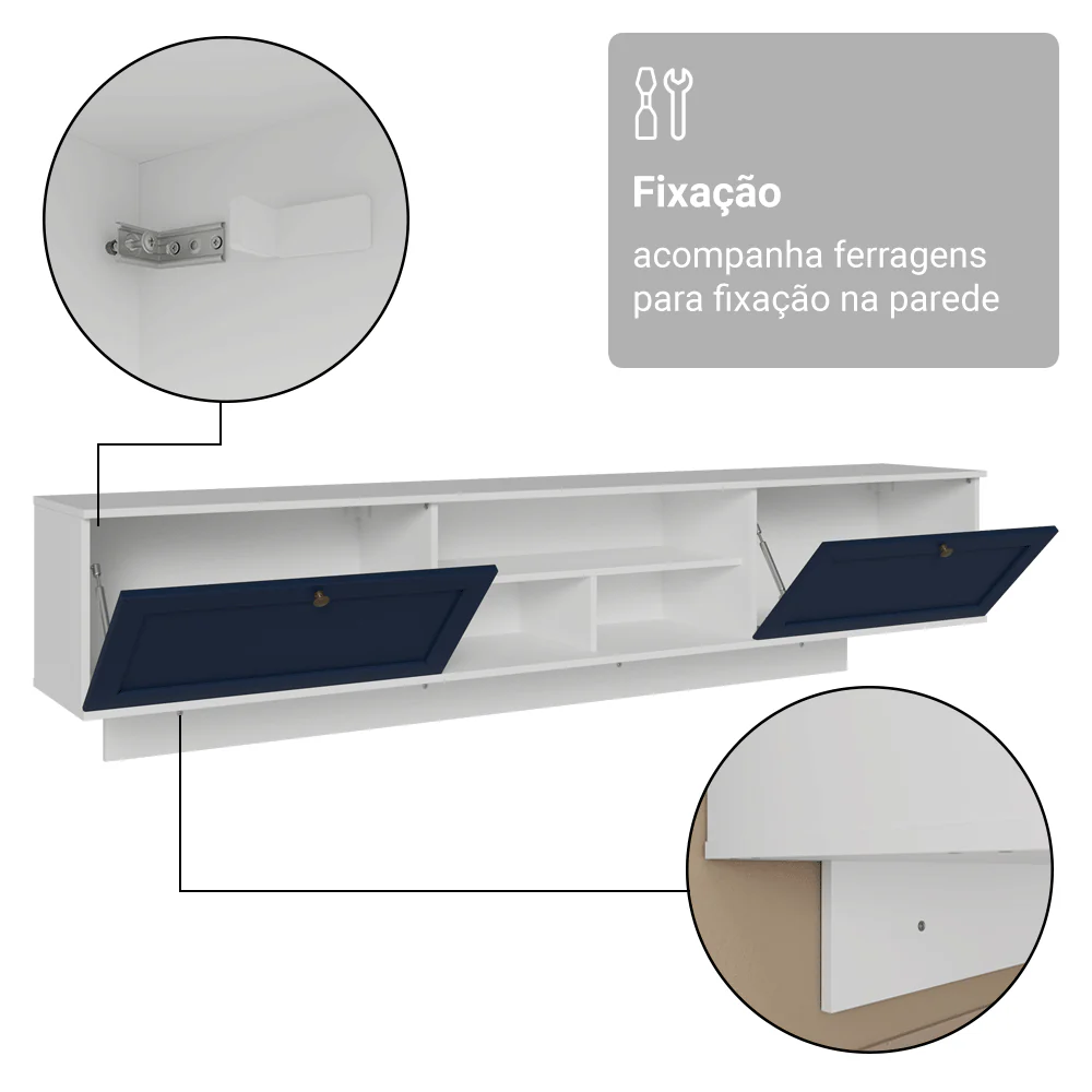 Rack Suspenso para TV até 80 Polegadas 218 cm 2 Portas Branco/Azul Vik Madesa - Image 8