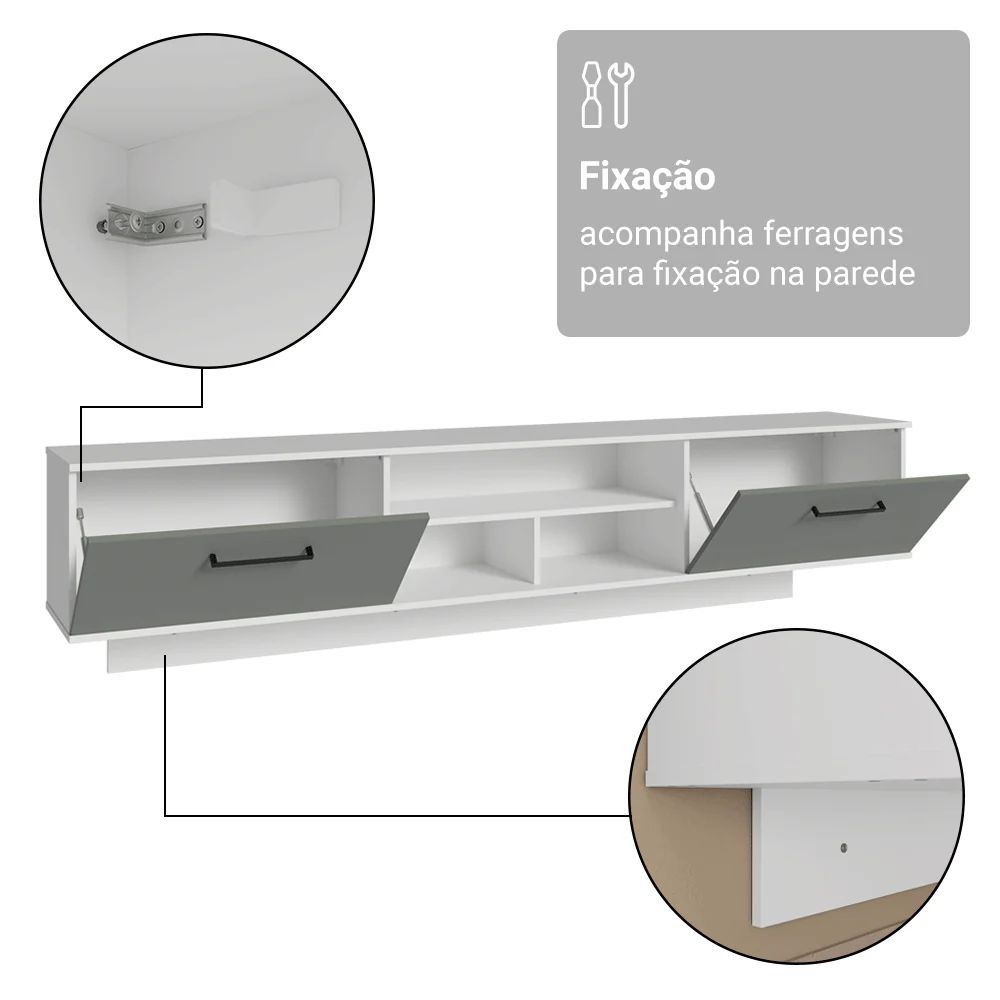 Rack Suspenso para TV até 80 Polegadas 218 cm 2 Portas Branco/Cinza Agata Madesa - Image 10