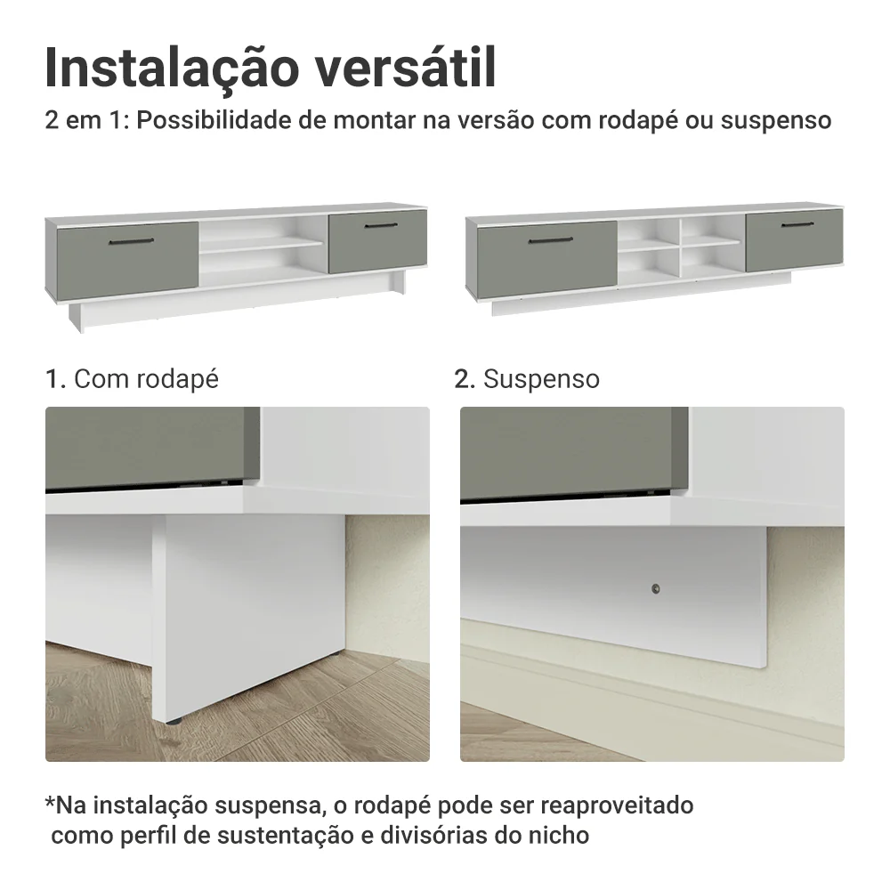 Rack Suspenso para TV até 80 Polegadas 218 cm 2 Portas Branco/Cinza Agata Madesa - Image 9