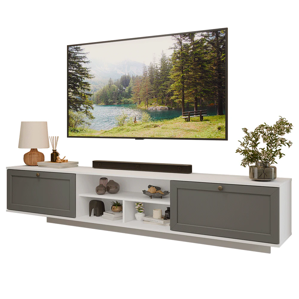 Rack Suspenso para TV até 80 Polegadas 218 cm 2 Portas Branco/Cinza Vik Madesa - Image 2