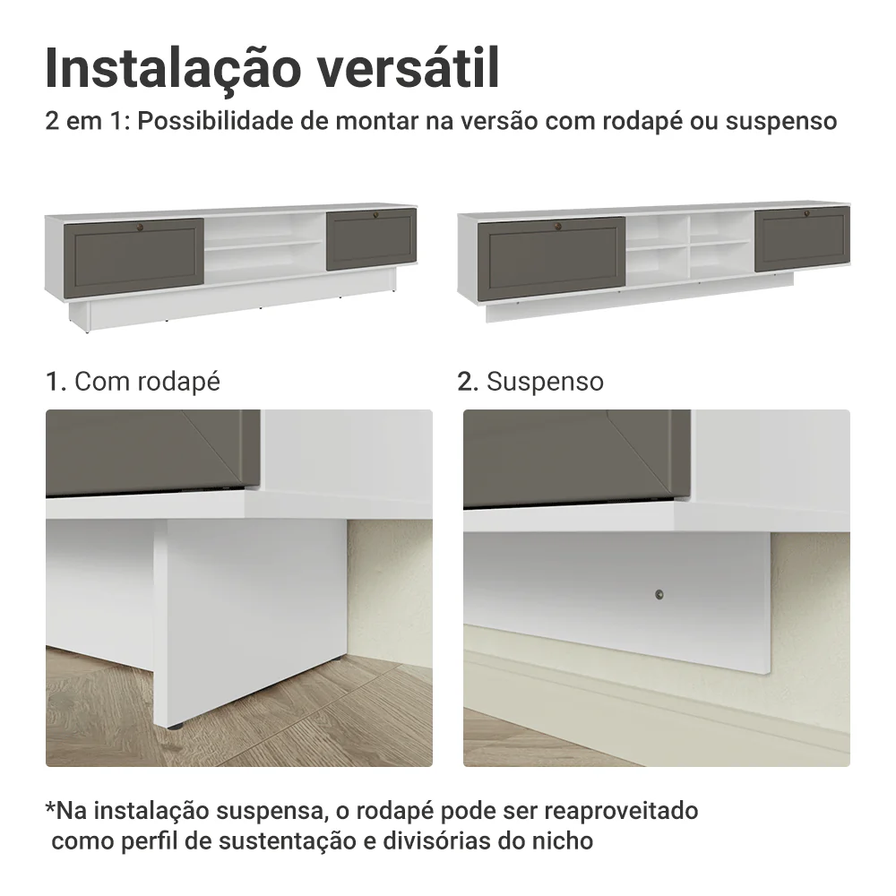 Rack Suspenso para TV até 80 Polegadas 218 cm 2 Portas Branco/Cinza Vik Madesa - Image 5