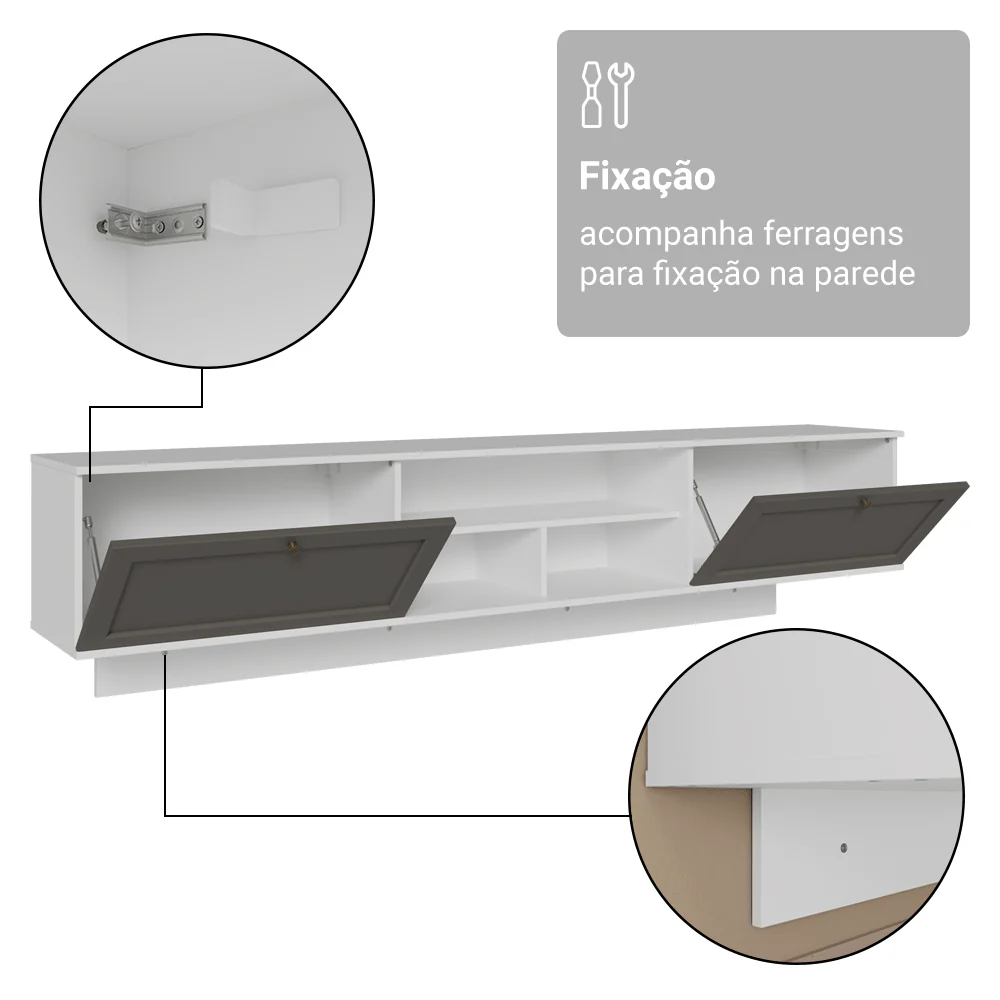 Rack Suspenso para TV até 80 Polegadas 218 cm 2 Portas Branco/Cinza Vik Madesa - Image 8
