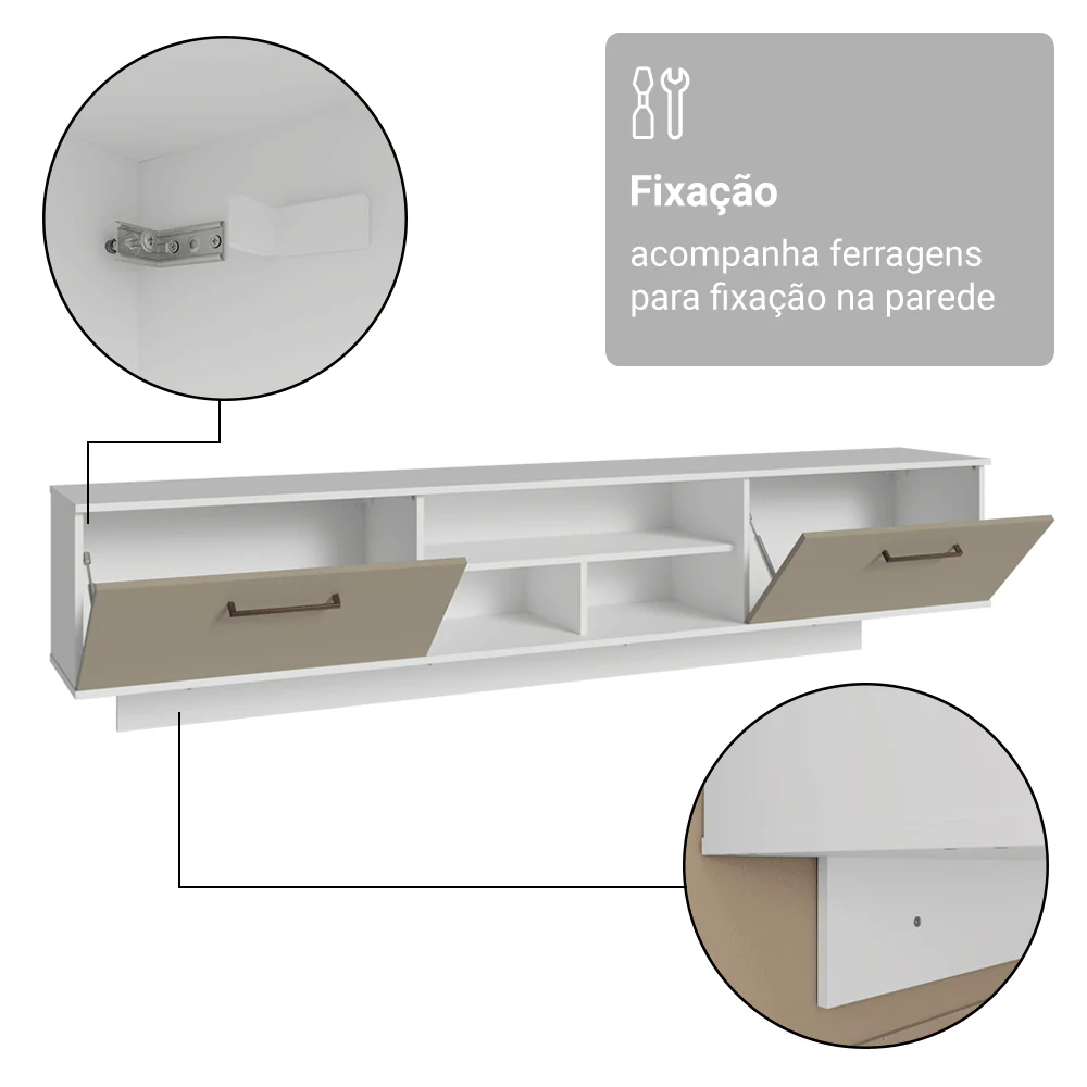 Rack Suspenso para TV até 80 Polegadas 218 cm 2 Portas Branco/Crema Agata Madesa - Image 10