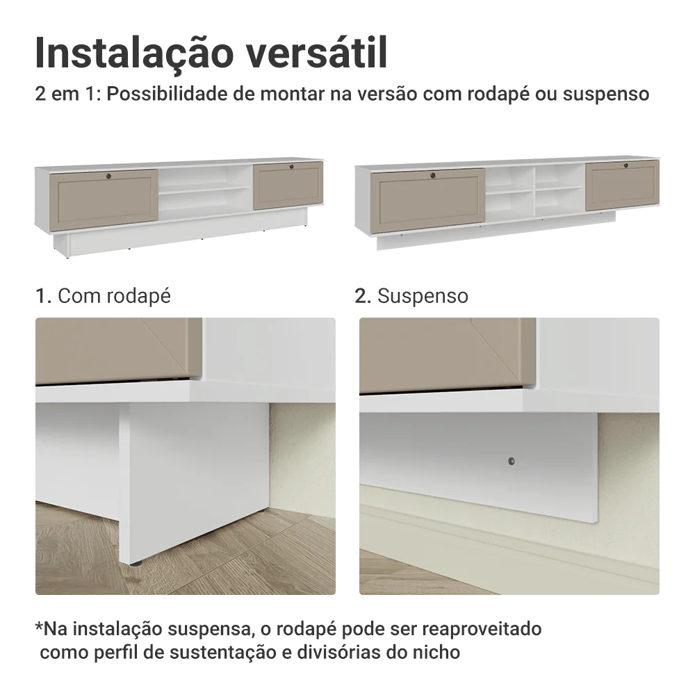 Rack Suspenso para TV até 80 Polegadas 218 cm 2 Portas Branco/Crema Vik Madesa - Image 5