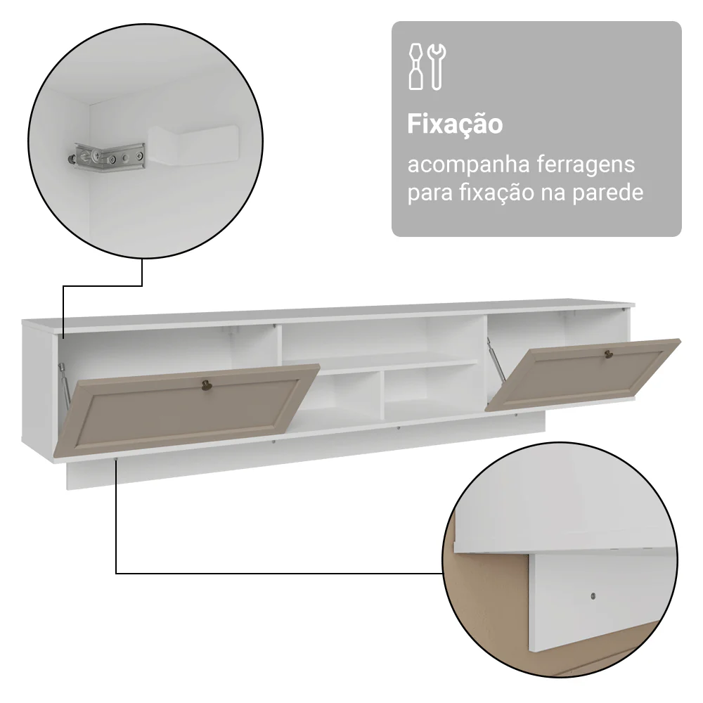 Rack Suspenso para TV até 80 Polegadas 218 cm 2 Portas Branco/Crema Vik Madesa - Image 8