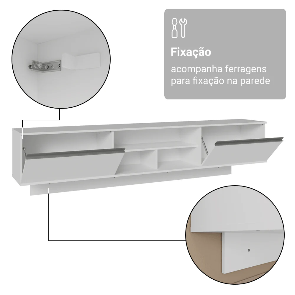 Rack Suspenso para TV até 80 Polegadas 218 cm 2 Portas Branco Glamy Madesa - Image 10