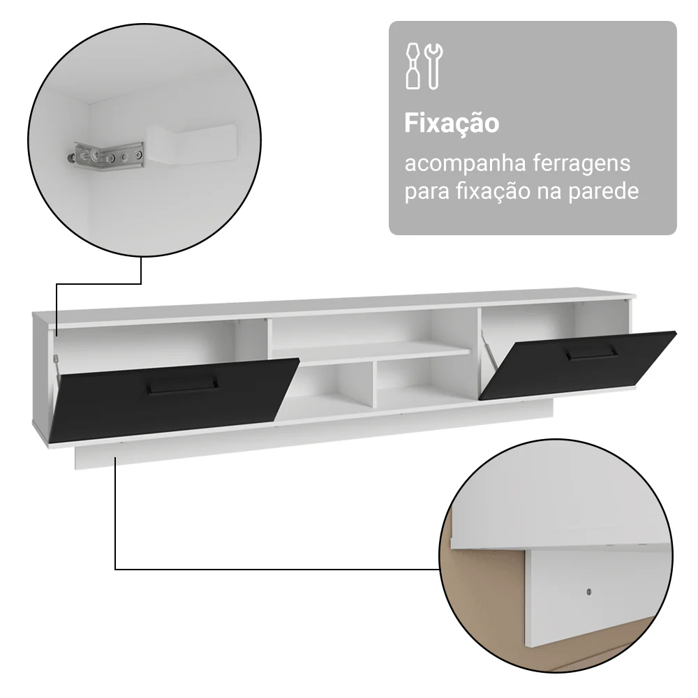 Rack Suspenso para TV até 80 Polegadas 218 cm 2 Portas Branco/Preto Agata Madesa - Image 10