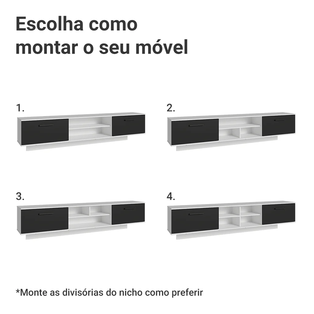 Rack Suspenso para TV até 80 Polegadas 218 cm 2 Portas Branco/Preto Agata Madesa - Image 6