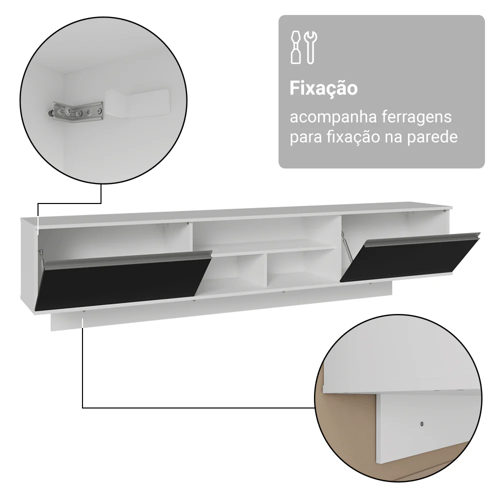 Rack Suspenso para TV até 80 Polegadas 218 cm 2 Portas Branco/Preto Glamy Madesa - Image 10