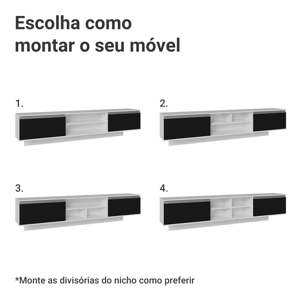 Rack Suspenso para TV até 80 Polegadas 218 cm 2 Portas Branco/Preto Glamy Madesa - Image 6