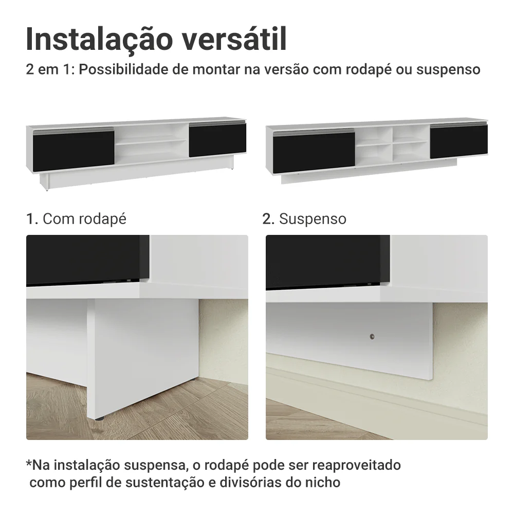 Rack Suspenso para TV até 80 Polegadas 218 cm 2 Portas Branco/Preto Glamy Madesa - Image 9