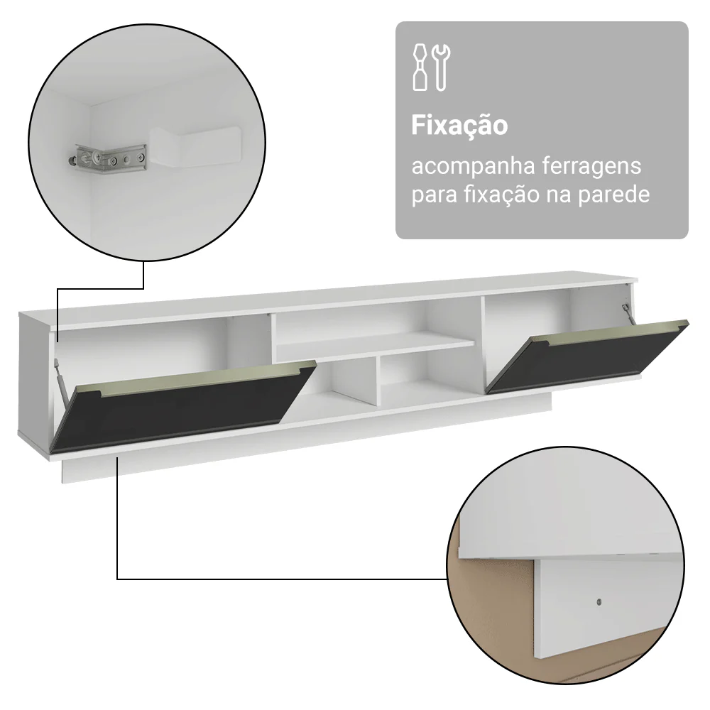 Rack Suspenso para TV até 80 Polegadas 218 cm 2 Portas Branco/Preto Lux Madesa - Image 10