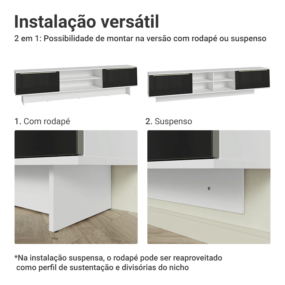 Rack Suspenso para TV até 80 Polegadas 218 cm 2 Portas Branco/Preto Lux Madesa - Image 9