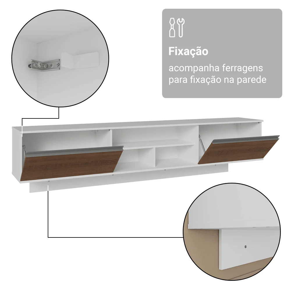 Rack Suspenso para TV até 80 Polegadas 218 cm 2 Portas Branco/Rustic Glamy Madesa - Image 10