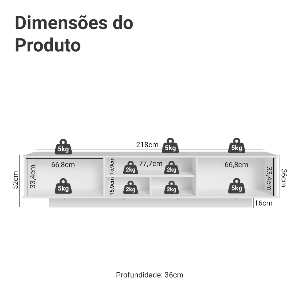 Rack Suspenso para TV até 80 Polegadas 218 cm 2 Portas Branco/Rustic Glamy Madesa - Image 3