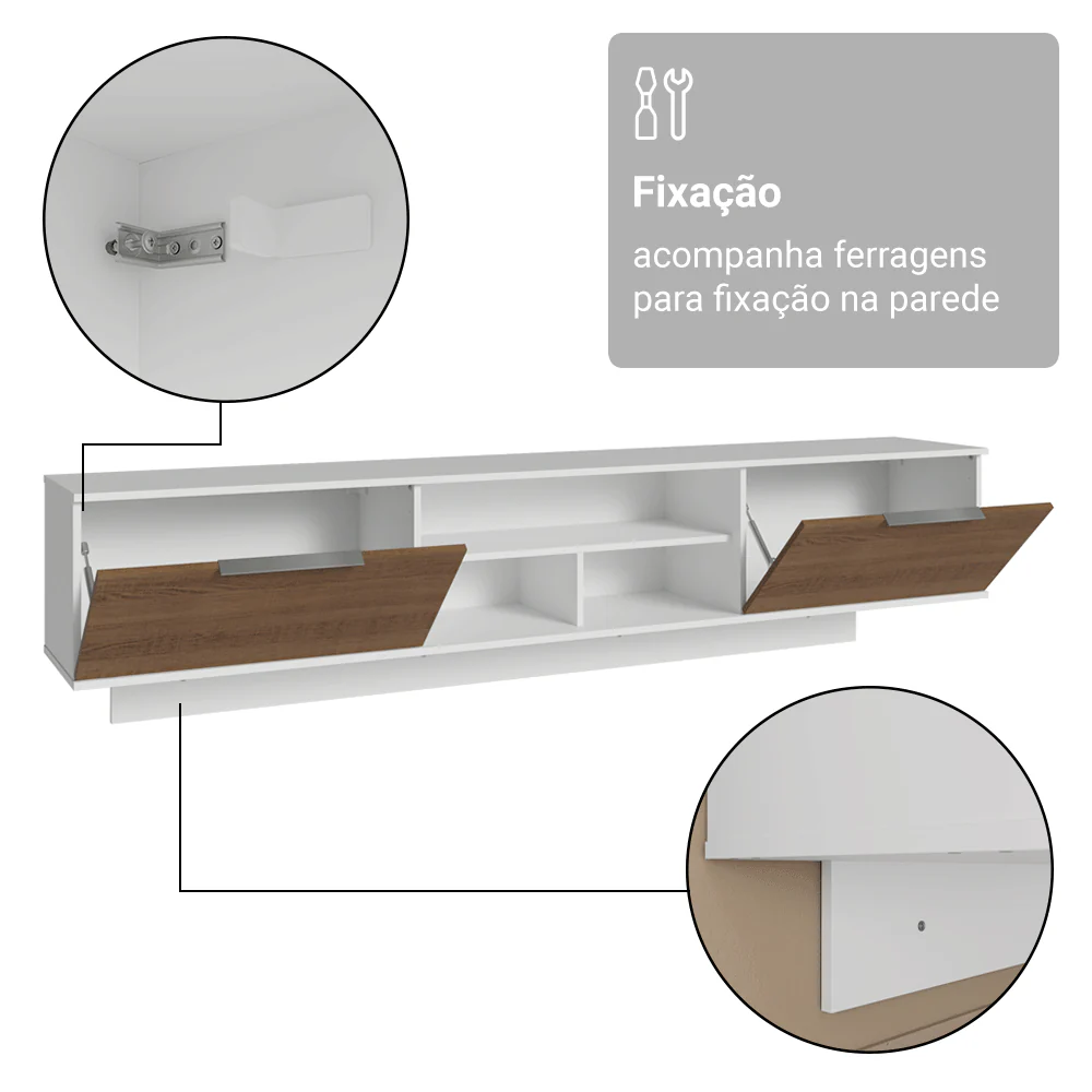 Rack Suspenso para TV até 80 Polegadas 218 cm 2 Portas Branco/Rustic Stella Madesa - Image 10