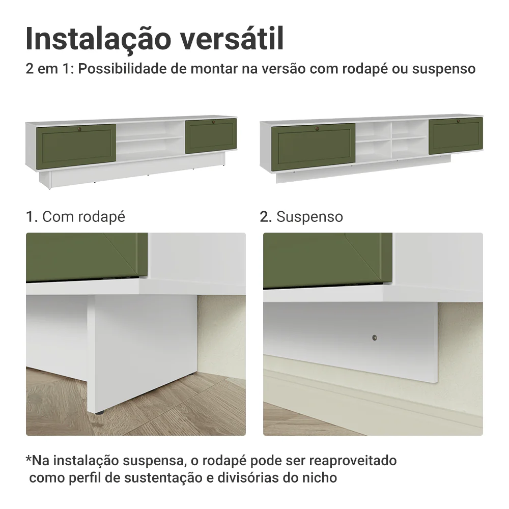 Rack Suspenso para TV até 80 Polegadas 218 cm 2 Portas Branco/Verde Vik Madesa - Image 5